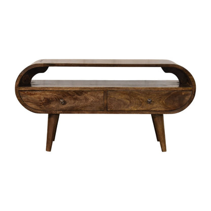 Wooden media unit with curved design on a white background