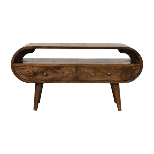 Wooden media unit with curved design on a white background