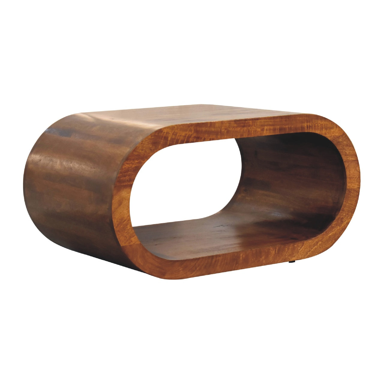 Wooden side table with a curved design on a white background