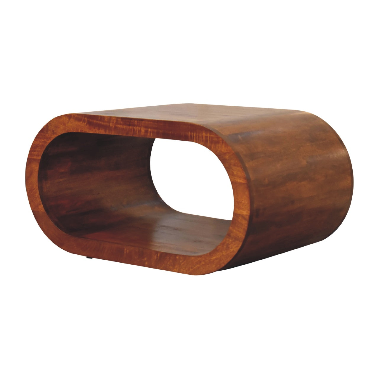 Wooden side table with a curved design on a white background