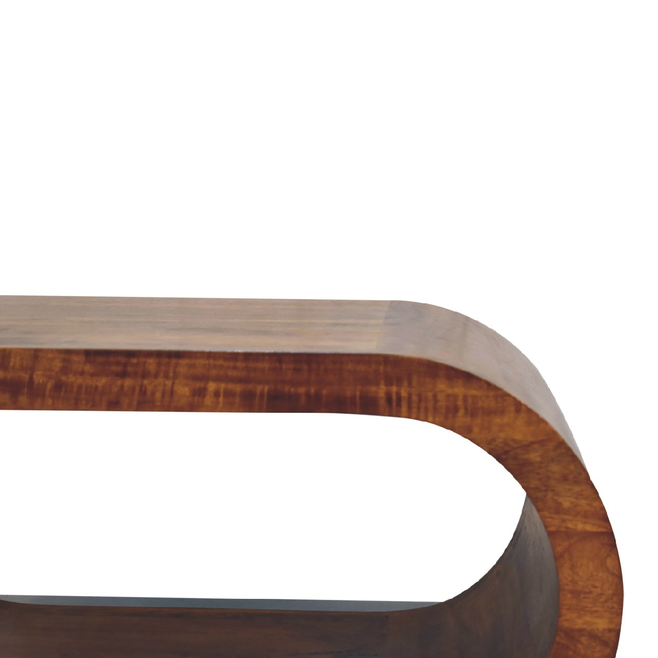 Wooden coffee table with a curved design on a white background