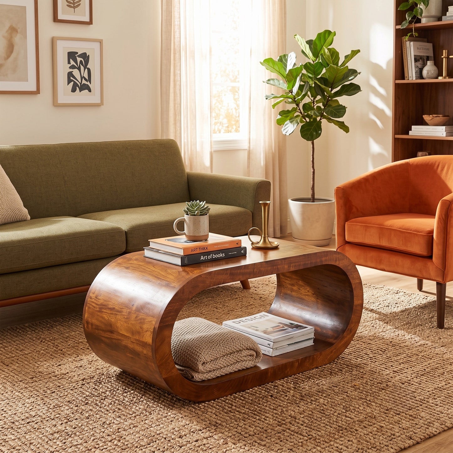A modern curved wooden coffee table with a glossy finish, styled in a warm, sunlit living room next to an olive green sofa and an orange armchair.