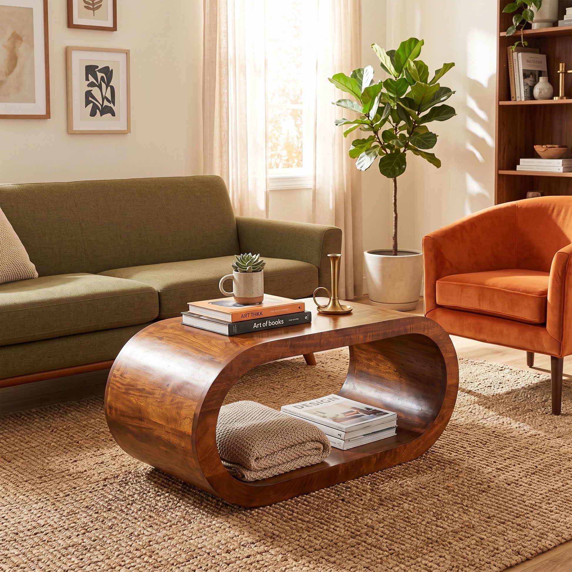 A modern curved wooden coffee table with a glossy finish, styled in a warm, sunlit living room next to an olive green sofa and an orange armchair.