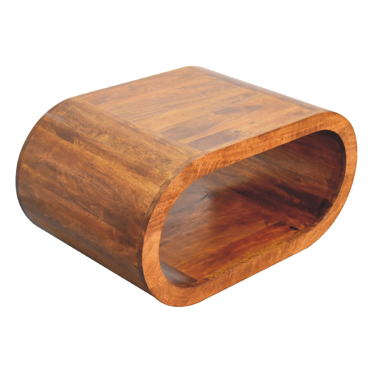 Wooden side table with a curved design on a white background