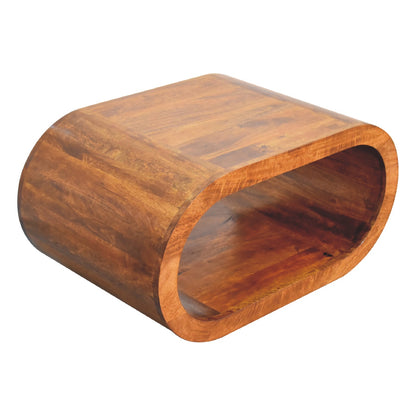 Wooden side table with a curved design on a white background