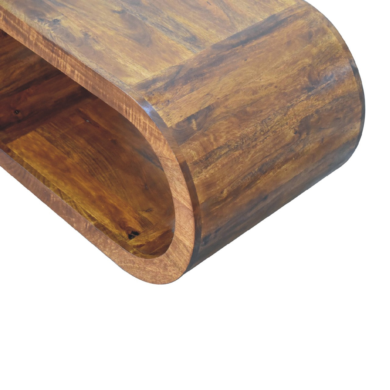 Wooden coffee table with a curved design on a white background