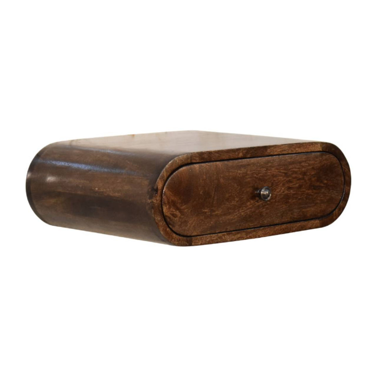 Wooden nightstand with a metallic knob on a white background