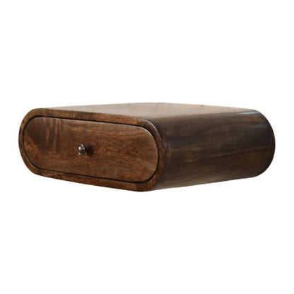 Wooden side table with a single drawer on a white background
