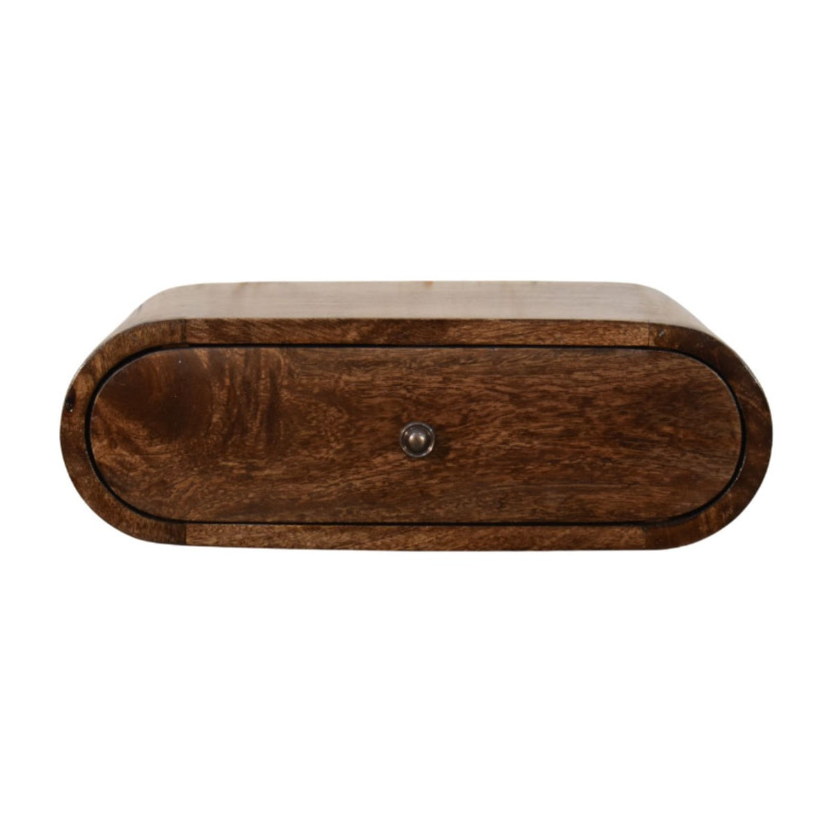 Wooden drawer with a metallic knob on a white background