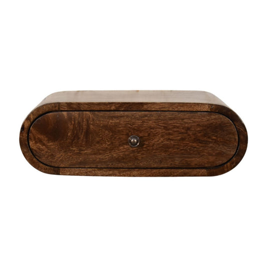 Wooden drawer with a metallic knob on a white background