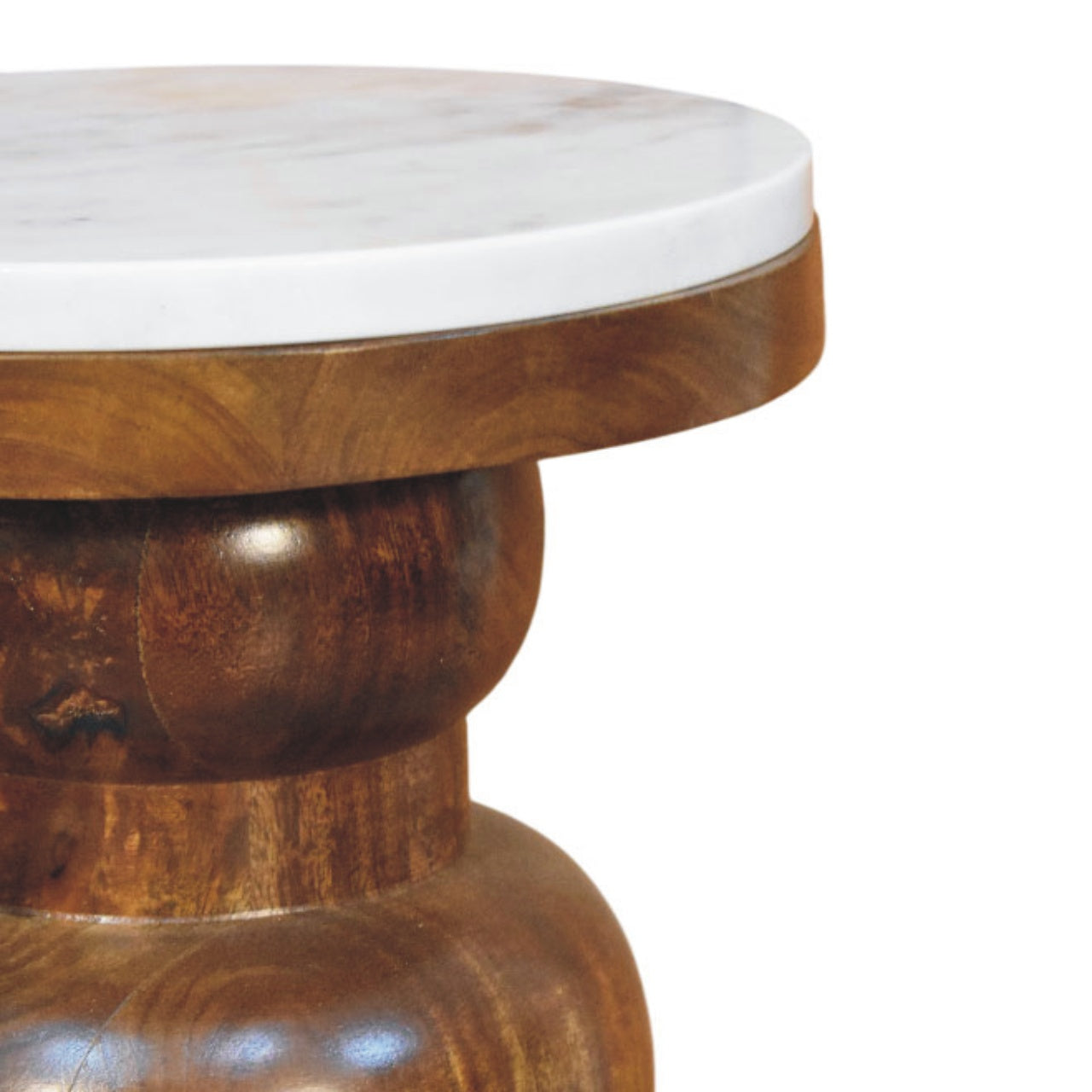 Round wooden table with a marble top on a white background