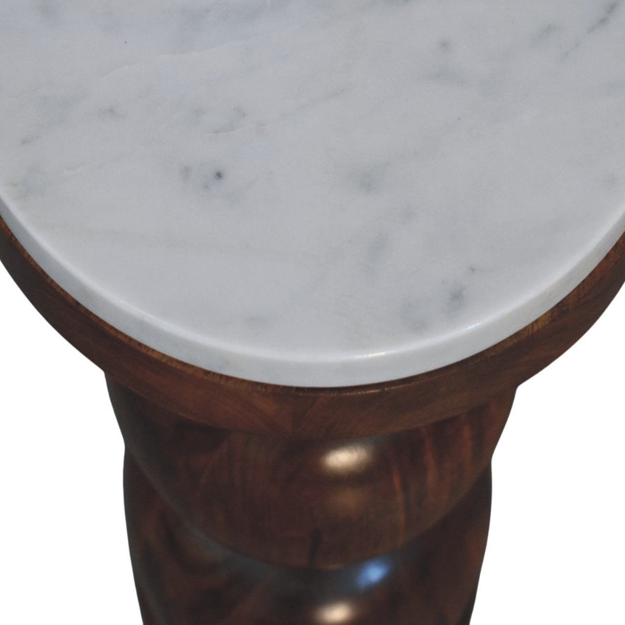 Round marble table with wooden base on a white background