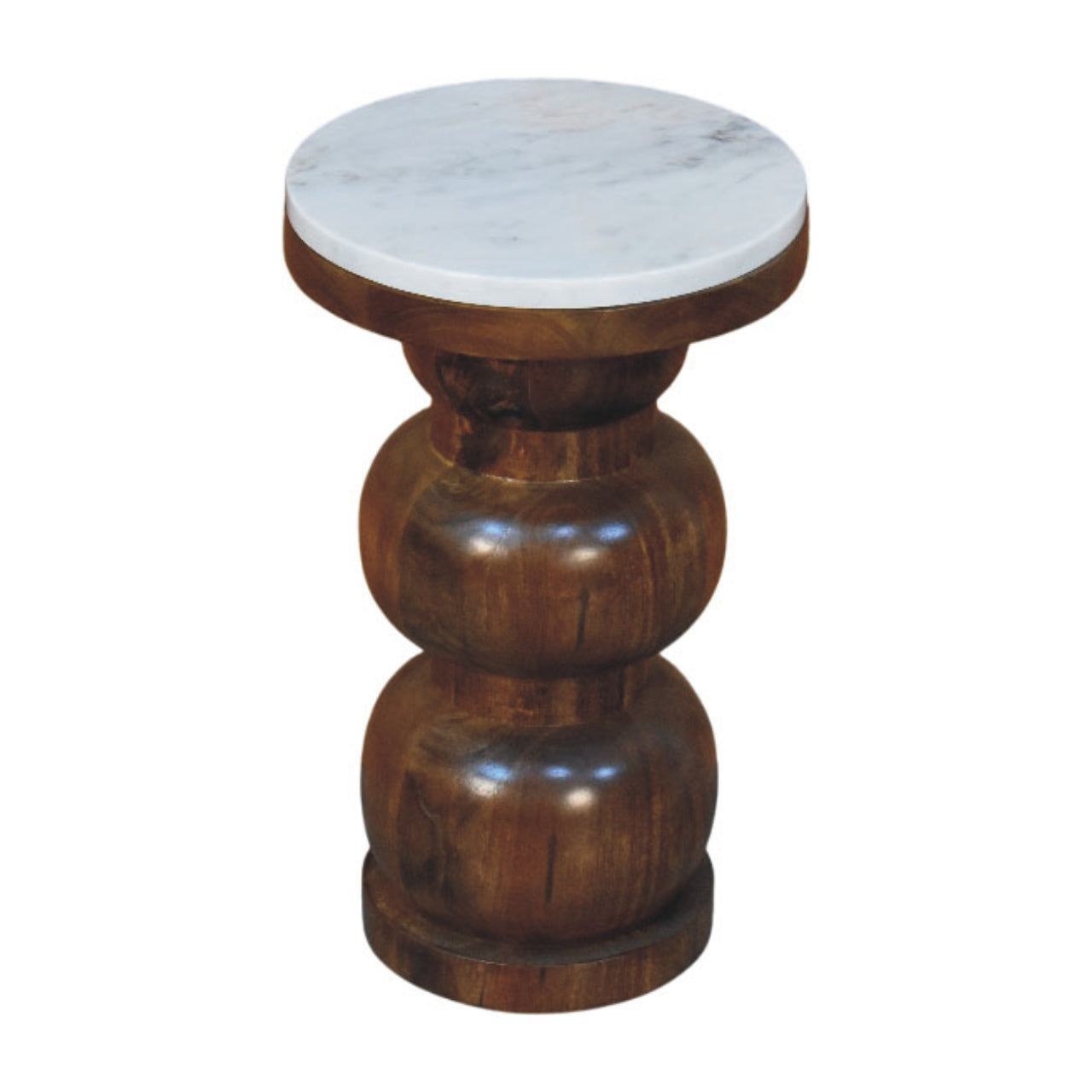 Wooden side table with marble top on a white background