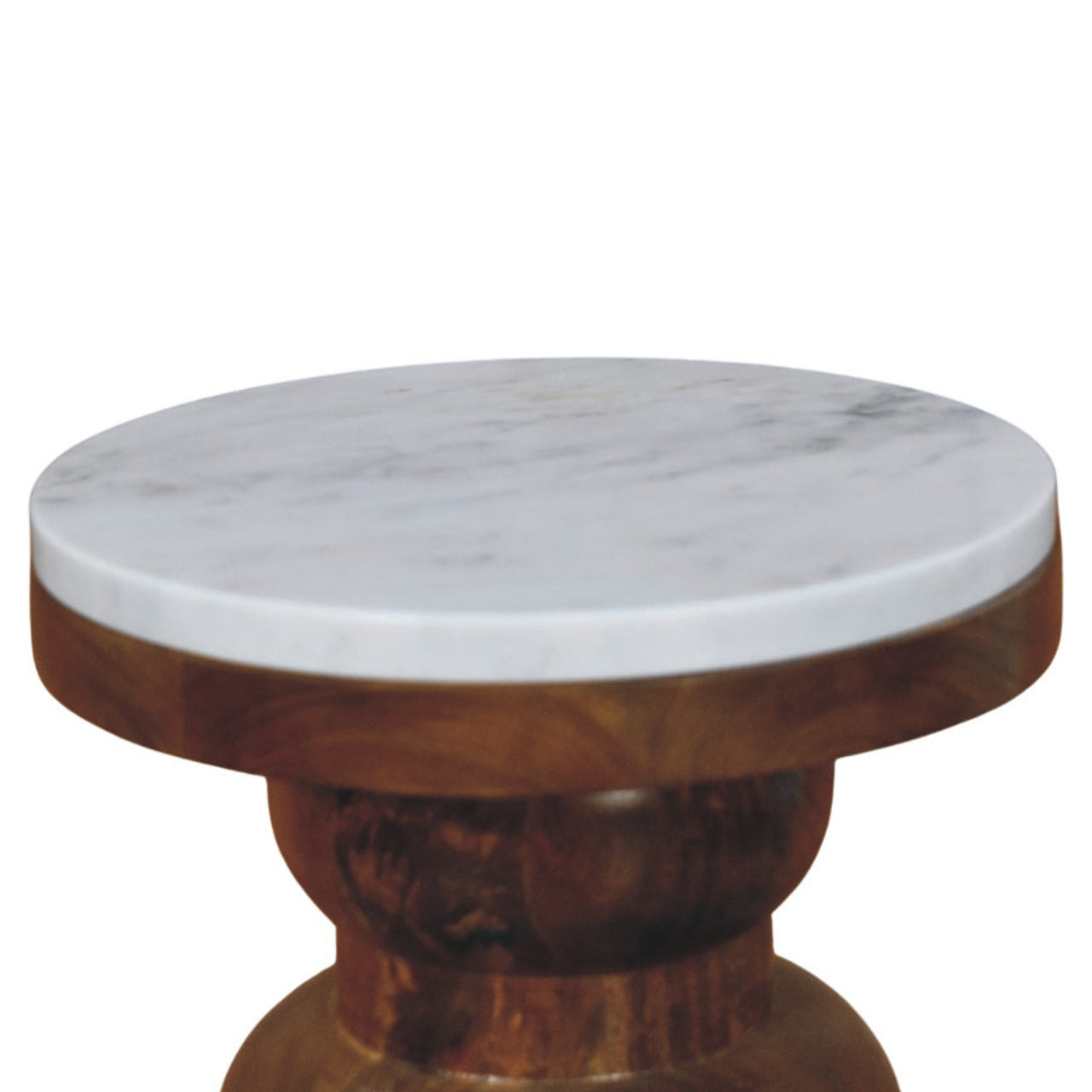 Round side table with marble top and wooden base on a white background