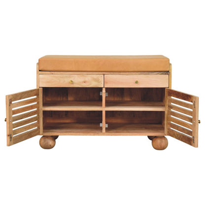 Wooden shoe rack with open doors on a white background