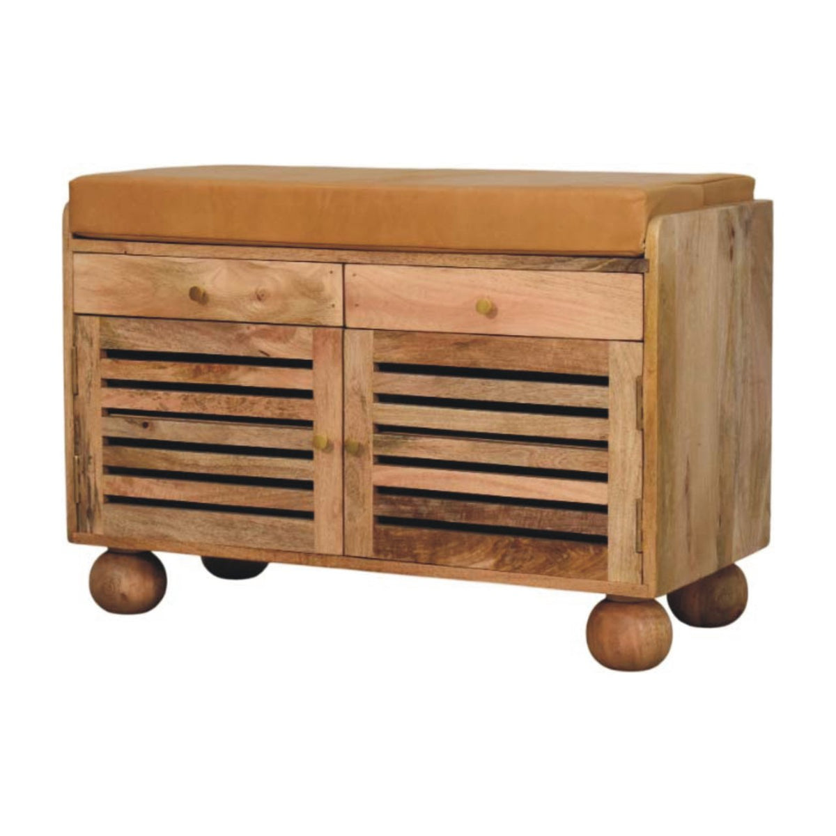 Wooden shoe rack with a leather top on a white background