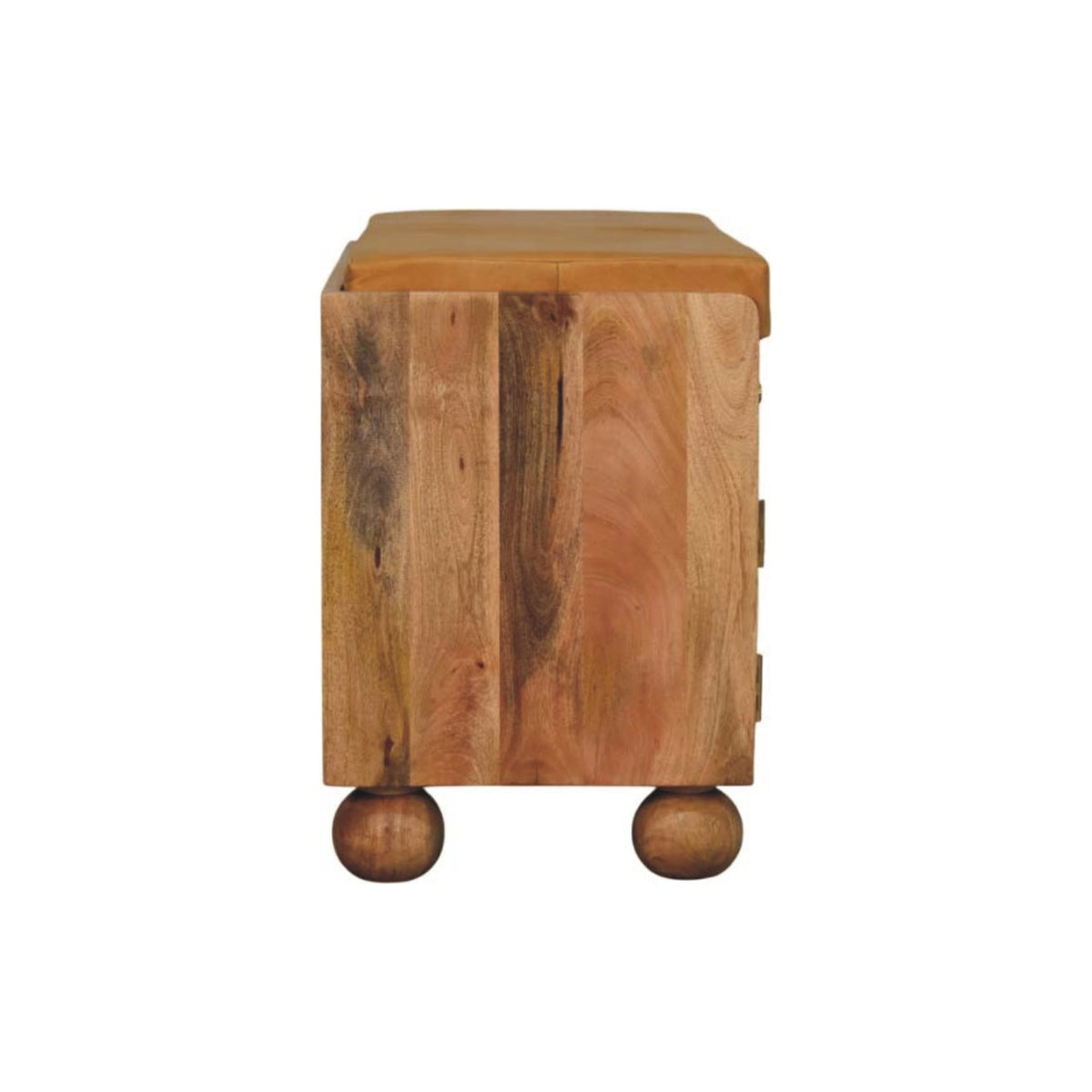 Wooden shoe rack with a natural finish on a white background