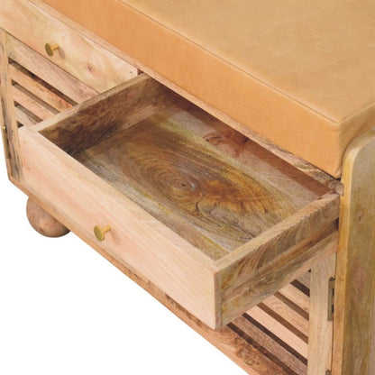 Wooden shoe rack with an open drawer on a white background