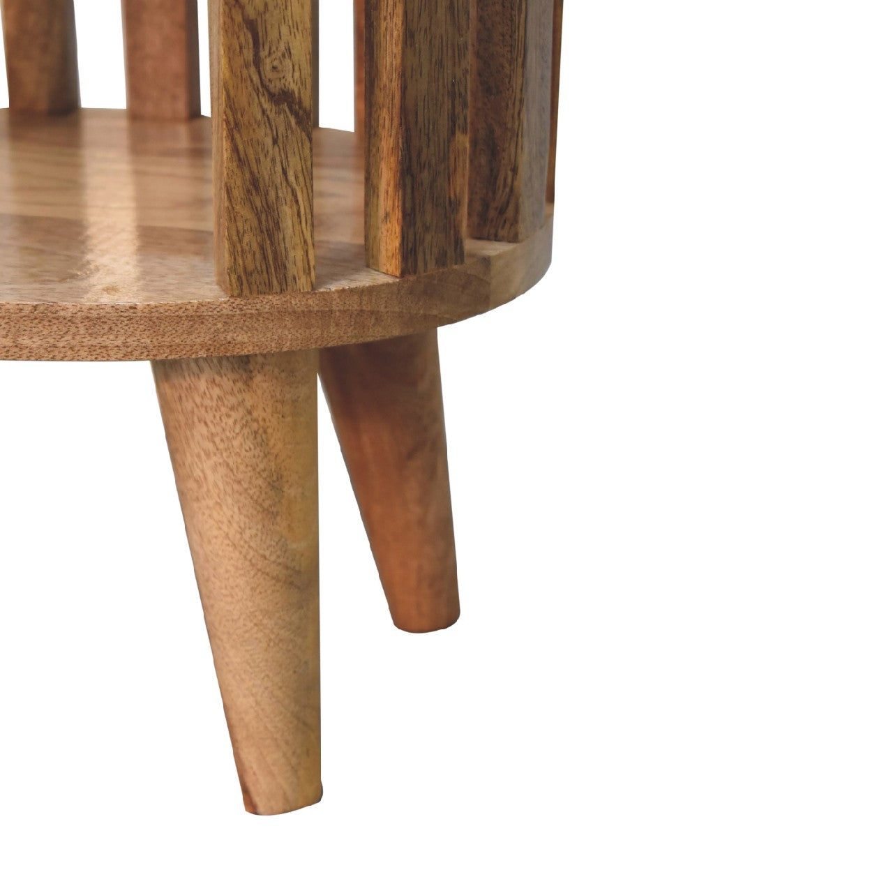 Lower right angle of Single Shelf Bedside highlighting legs and open shelf