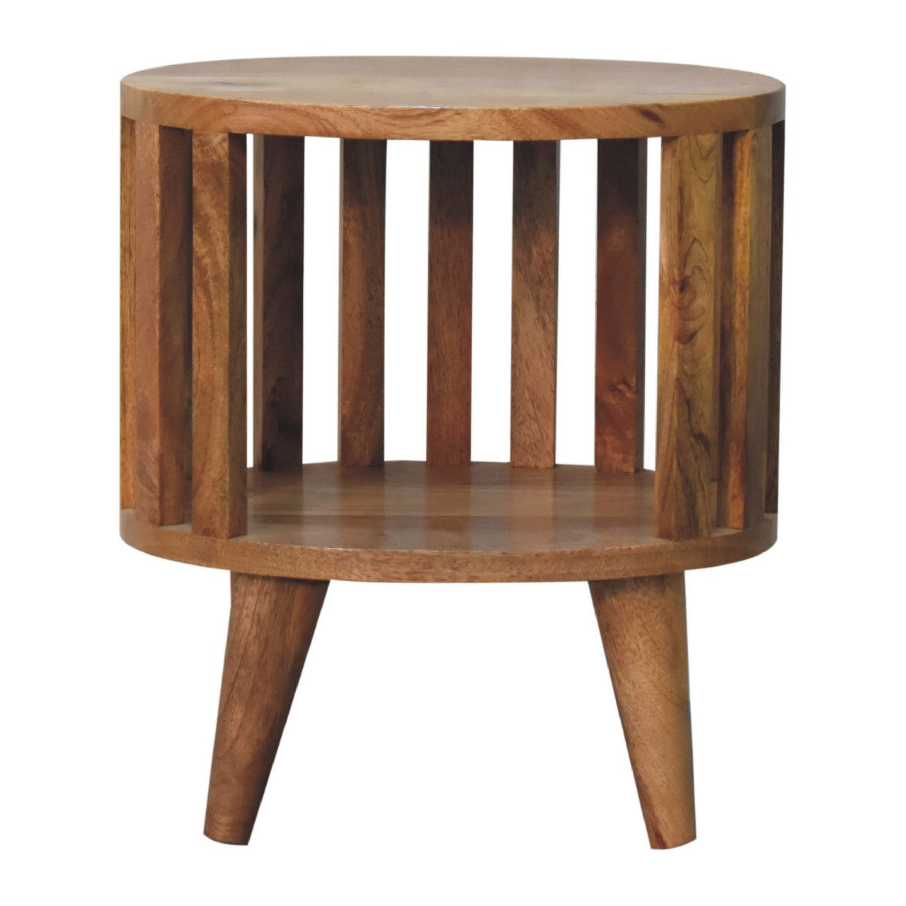 Front view of Single Shelf Bedside in solid mango wood with oak finish