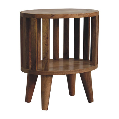 Left side view of Single Shelf Bedside showing open shelf and oak finish
