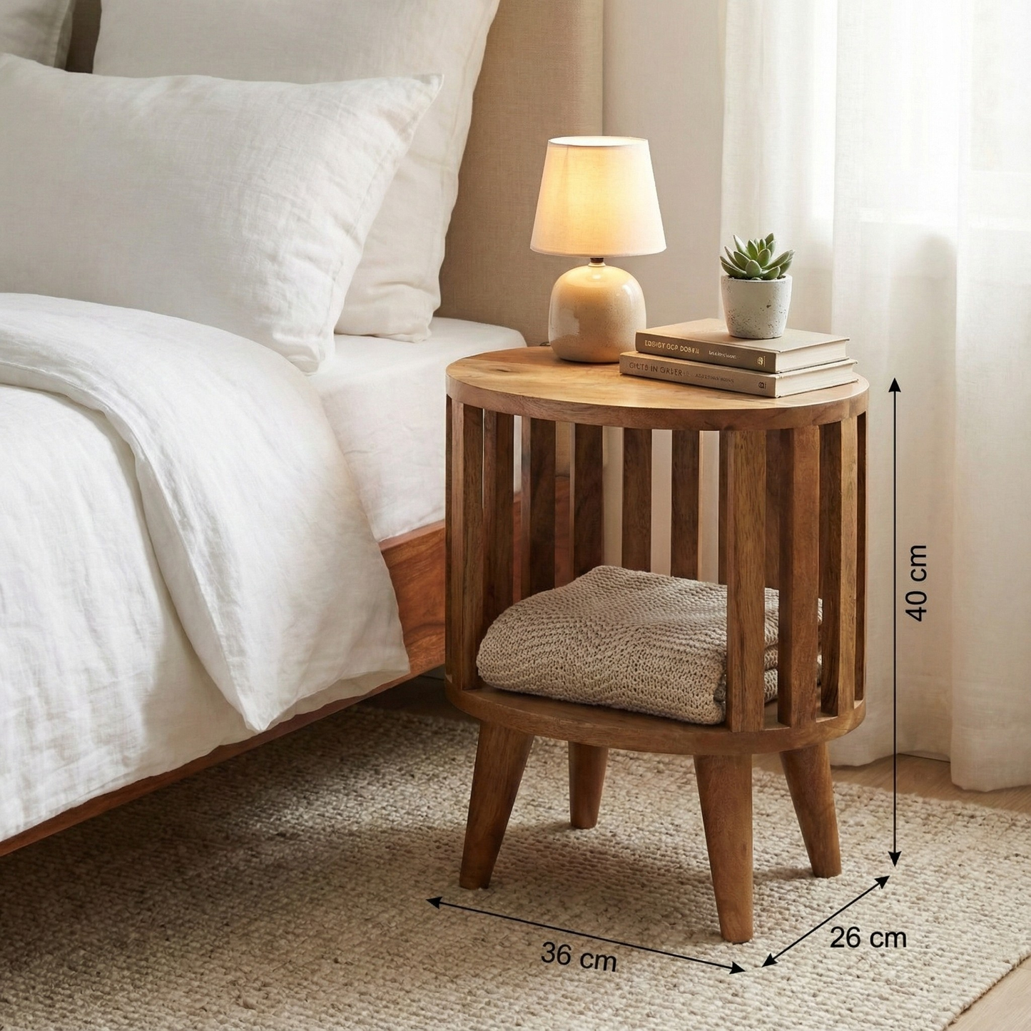 Single Shelf Bedside with dimensions: 40 cm height, 36 cm width, 26 cm depth