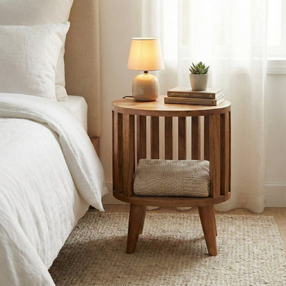 Single Shelf Bedside in oak finish styled in a bedroom or living space interior