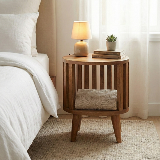 Single Shelf Bedside in oak finish styled in a bedroom or living space interior