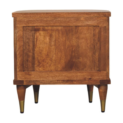 Back view of an amber oak solid mango wood bedside table, displaying its flat wooden back panel construction.