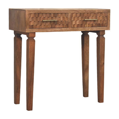 Wooden console table with two drawers on a white background