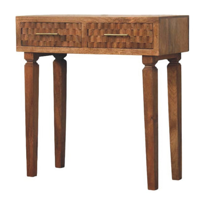 Wooden side table with two drawers on a white background