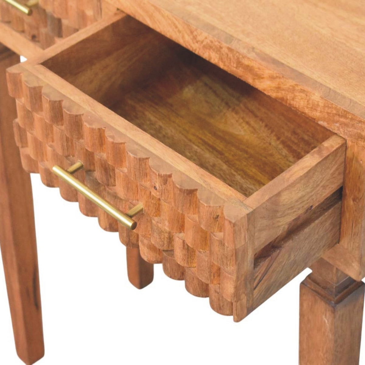 Wooden console table with geometric pattern and gold handle on a white background