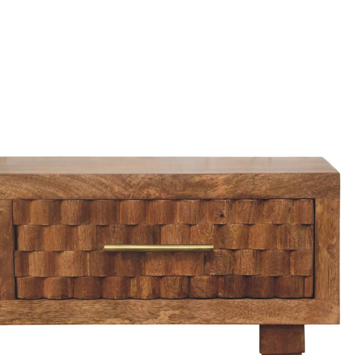 Wooden drawer with a woven pattern and gold handle on a white background