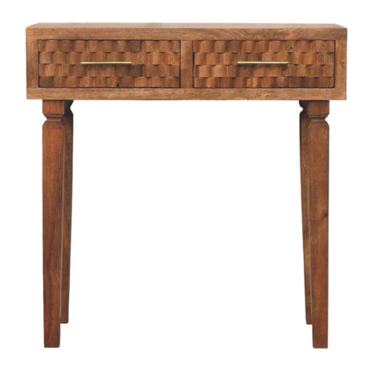 Wooden console table with woven design on a white background