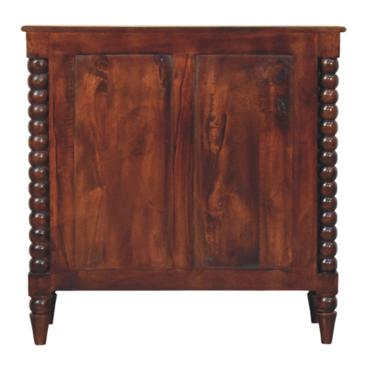 Back view of a Winewood Oak solid mango wood spindle chest, showing the dual-panel wooden back construction.
