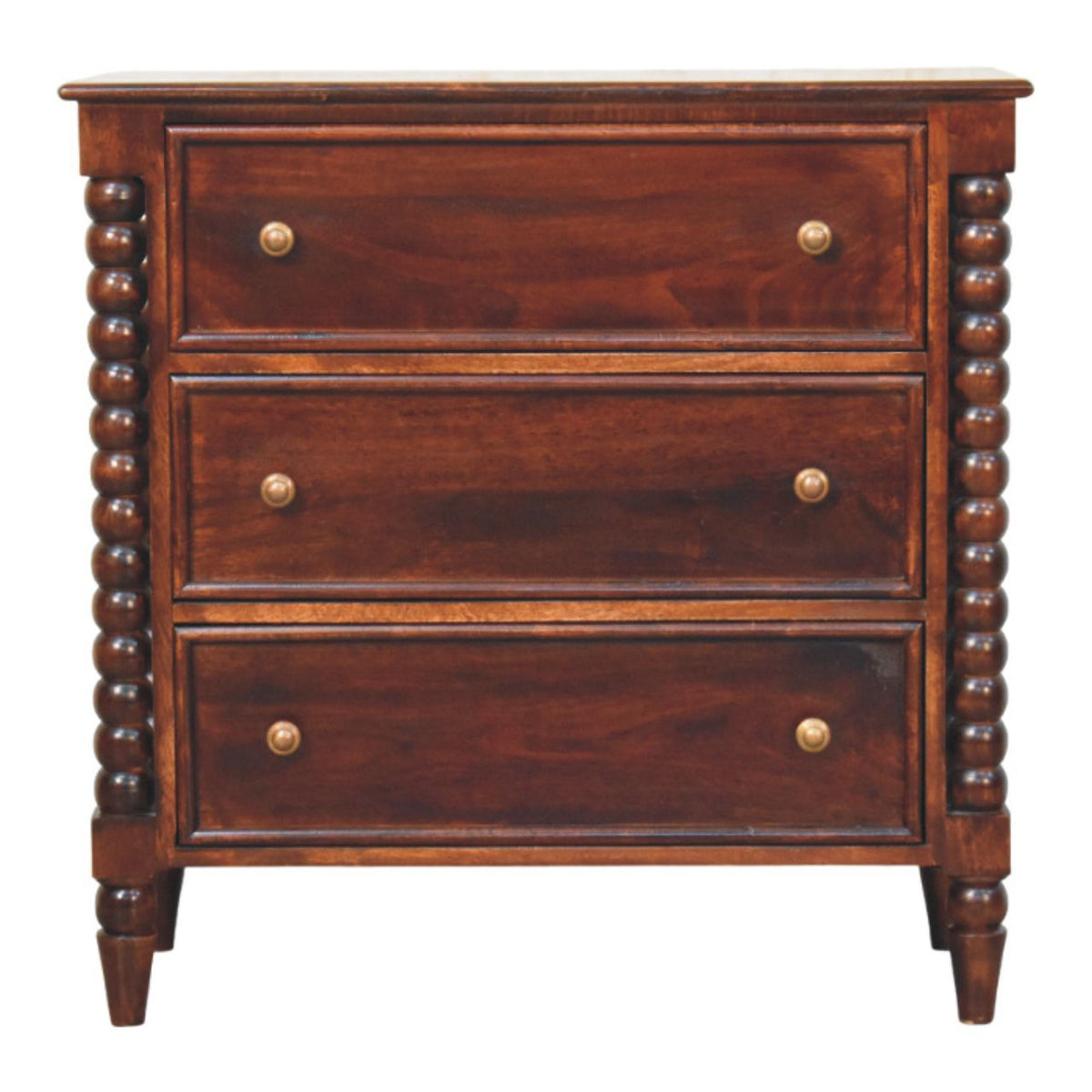 Front view of a solid mango wood 3-drawer chest in a Winewood Oak finish, featuring decorative spindle legs, framed drawer fronts, and brass knobs.
