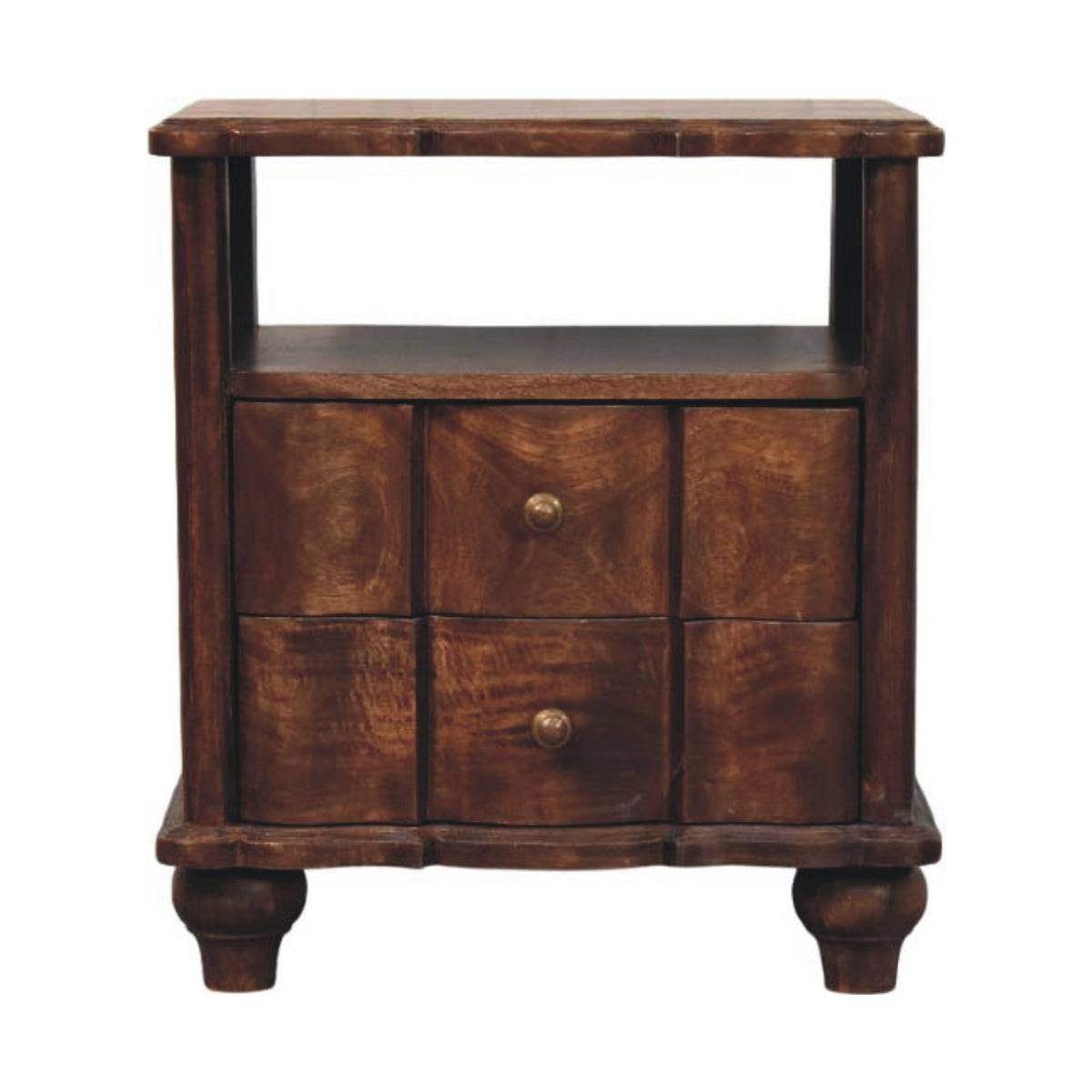 Front view of a solid mango wood bedside table in a roasted almond finish, featuring an open top shelf above two drawers with wavy textured fronts and round metal knobs.