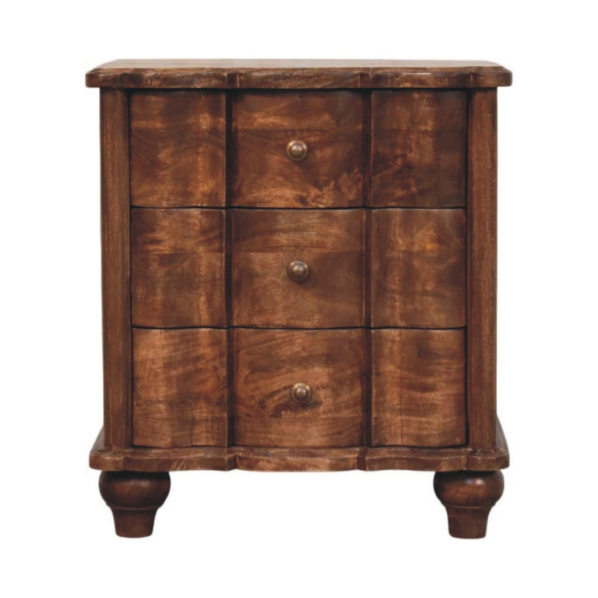 Front view of a solid mango wood bedside table in a roasted almond finish, featuring three drawers with wavy textured fronts and round metal knobs.