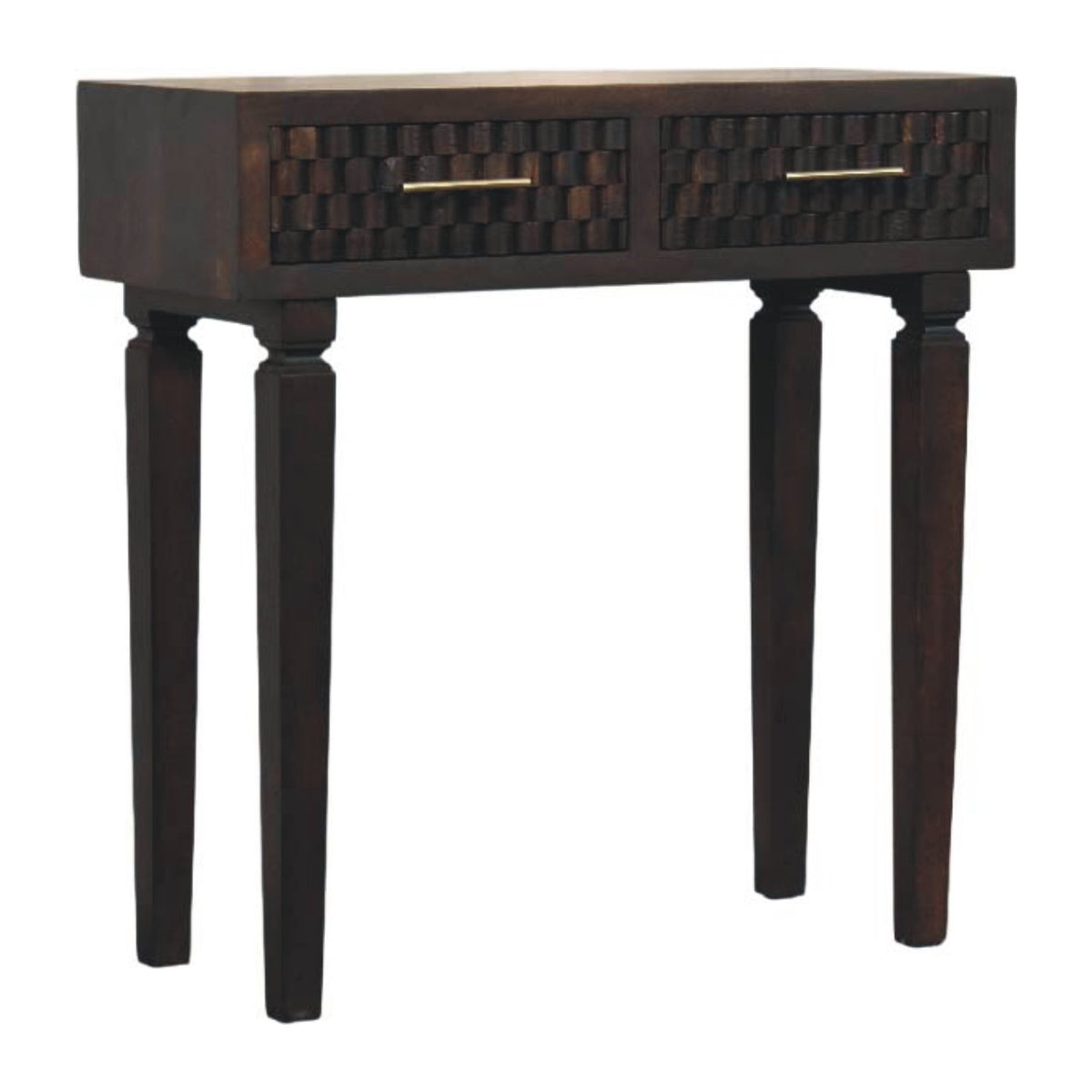 Dark wooden console table with a textured drawer on a white background