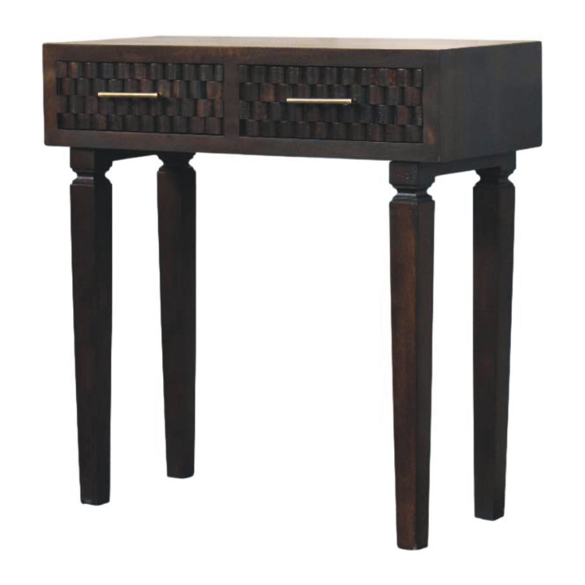 Dark wooden console table with a textured drawer on a white background