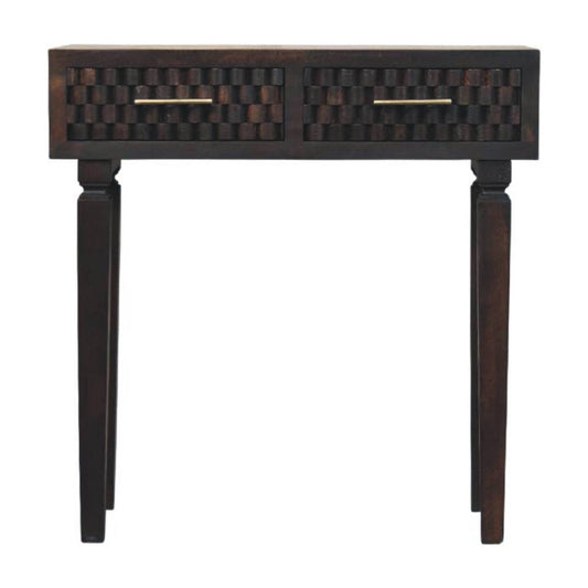 Dark wooden console table with two drawers on a white background
