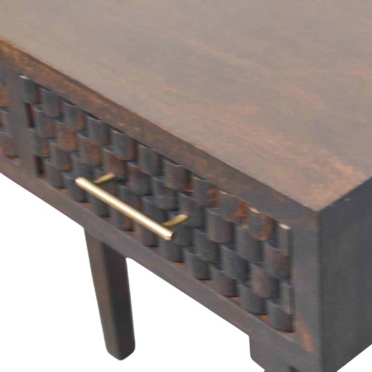 Dark wooden console table with textured surface and gold handle on a white background