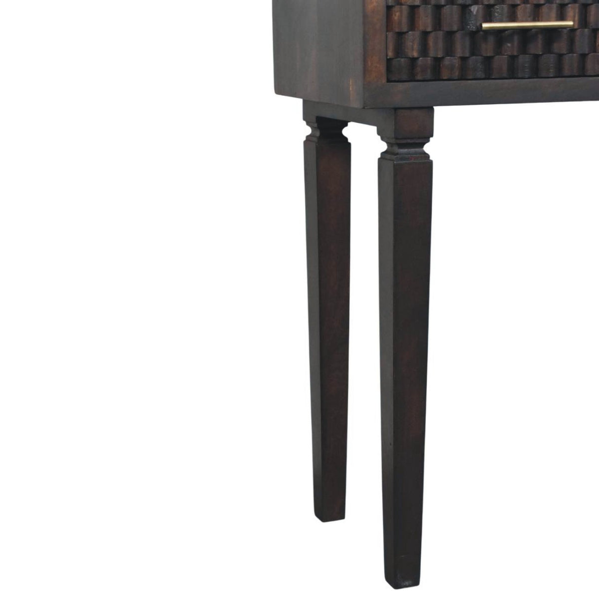 close-up of legs of a dark wooden console table on a white background