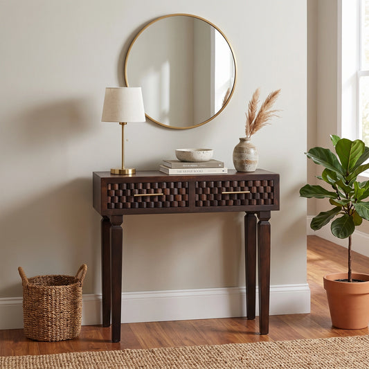 A dark brown wooden console table with two drawers featuring a woven geometric pattern on the front, styled in a bright room with a gold-framed round mirror, a table lamp, a small vase with pampas grass, a wicker basket, and a potted fiddle-leaf fig plant.