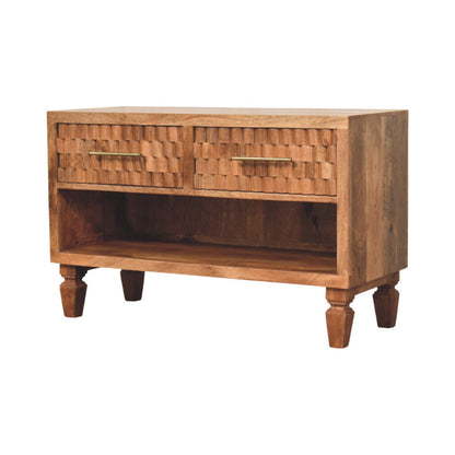 Wooden shoe cabinet with two drawers on a white background