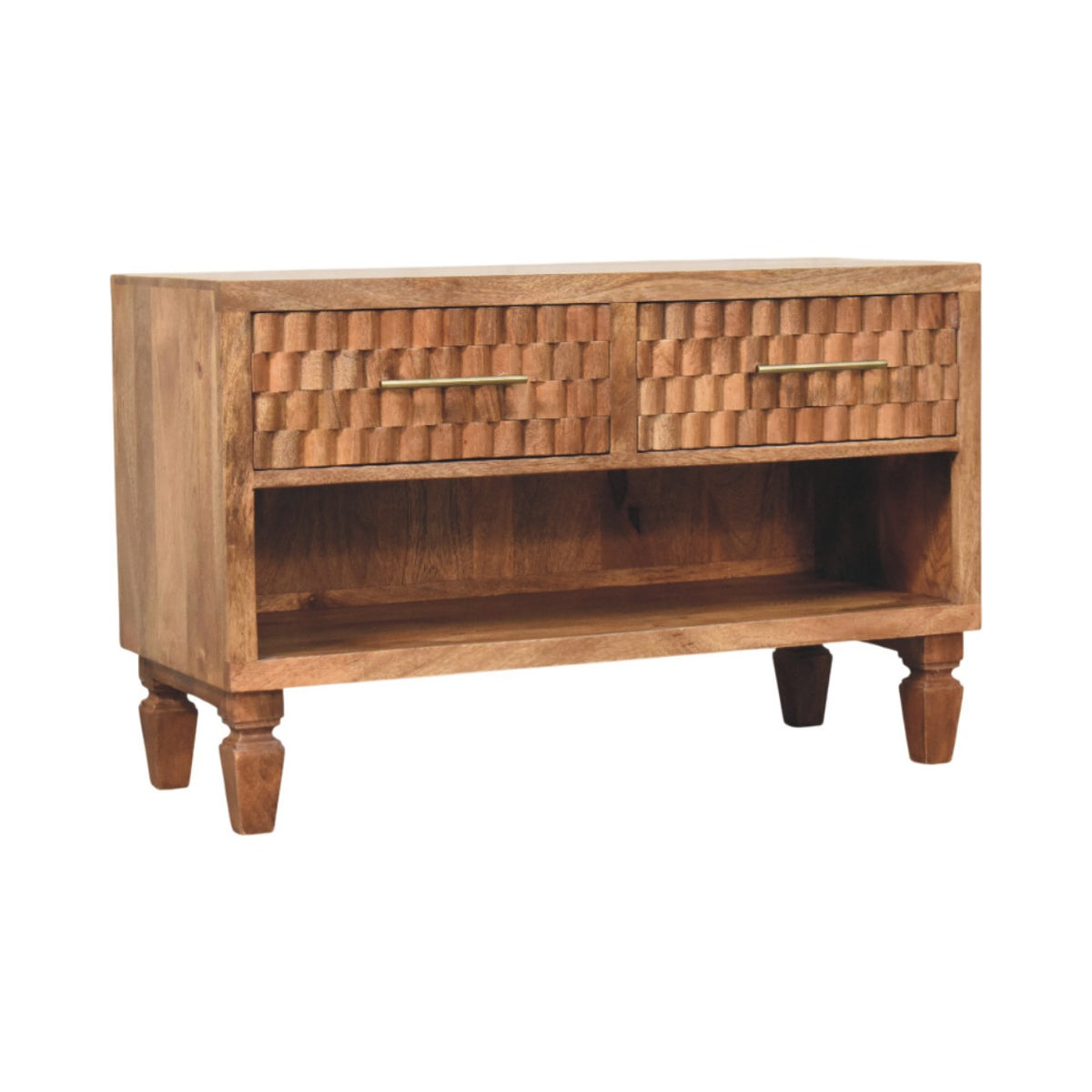 Wooden shoe cabinet with two drawers and a shelf on a white background
