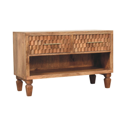Wooden shoe cabinet with two drawers and a shelf on a white background