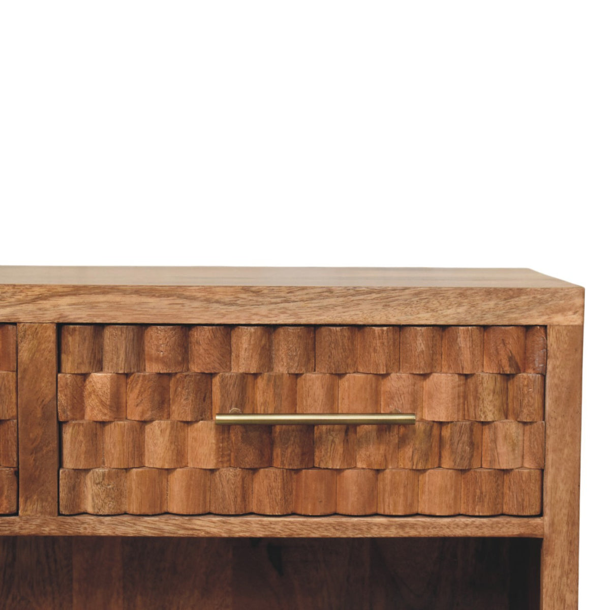 Wooden shoe cabinet with a textured front panel and gold handle on a white background