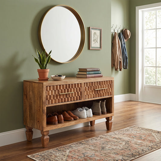 A rustic wooden shoe cabinet with woven drawer fronts and an open lower shelf, styled in a sage green room with a large round mirror, shoes, books, and a plant.