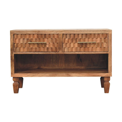 Wooden shoe cabinet with woven design and two drawers on a white background